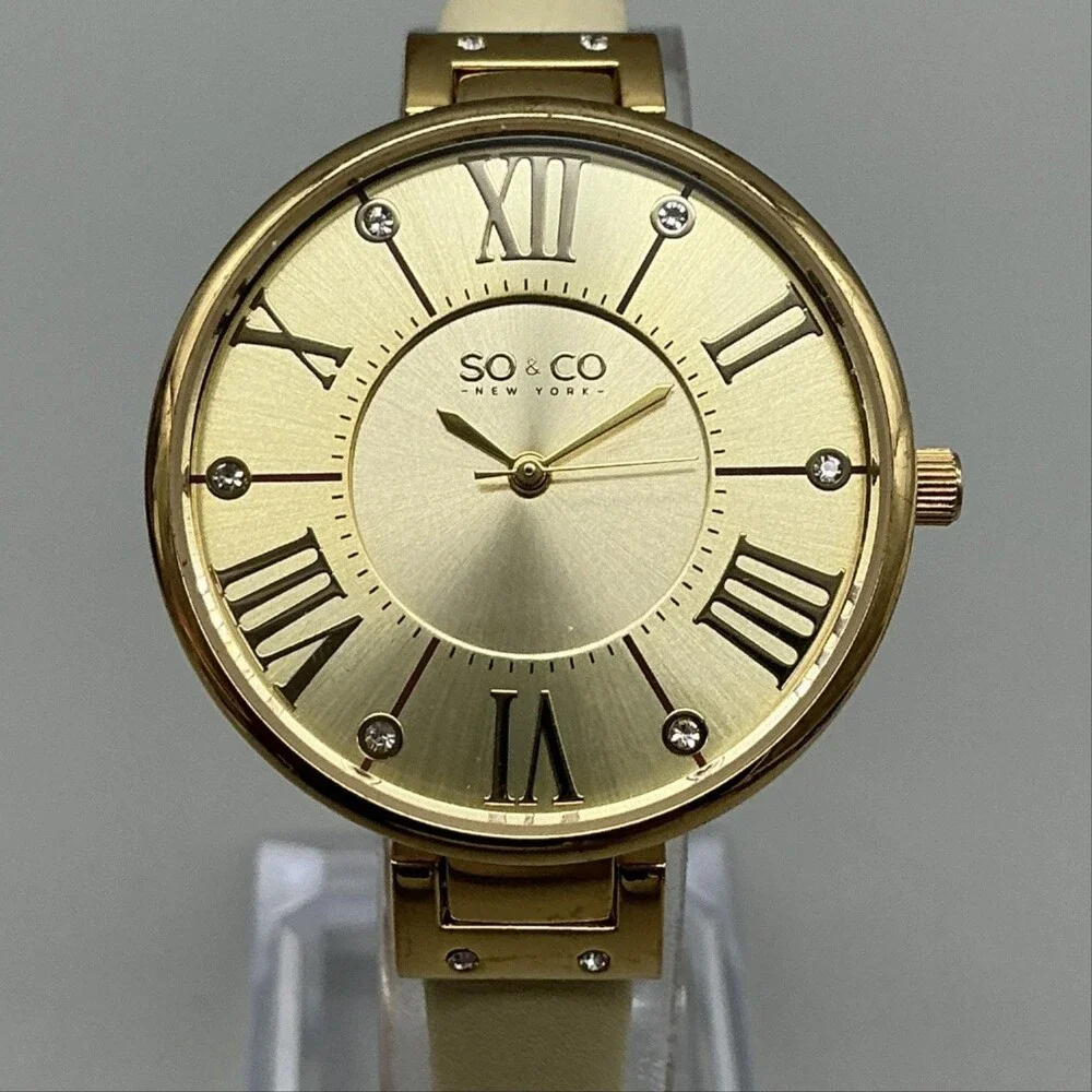SO & CO Womens Watch 34mm Gold Tone Beige Leather Crystals New Battery